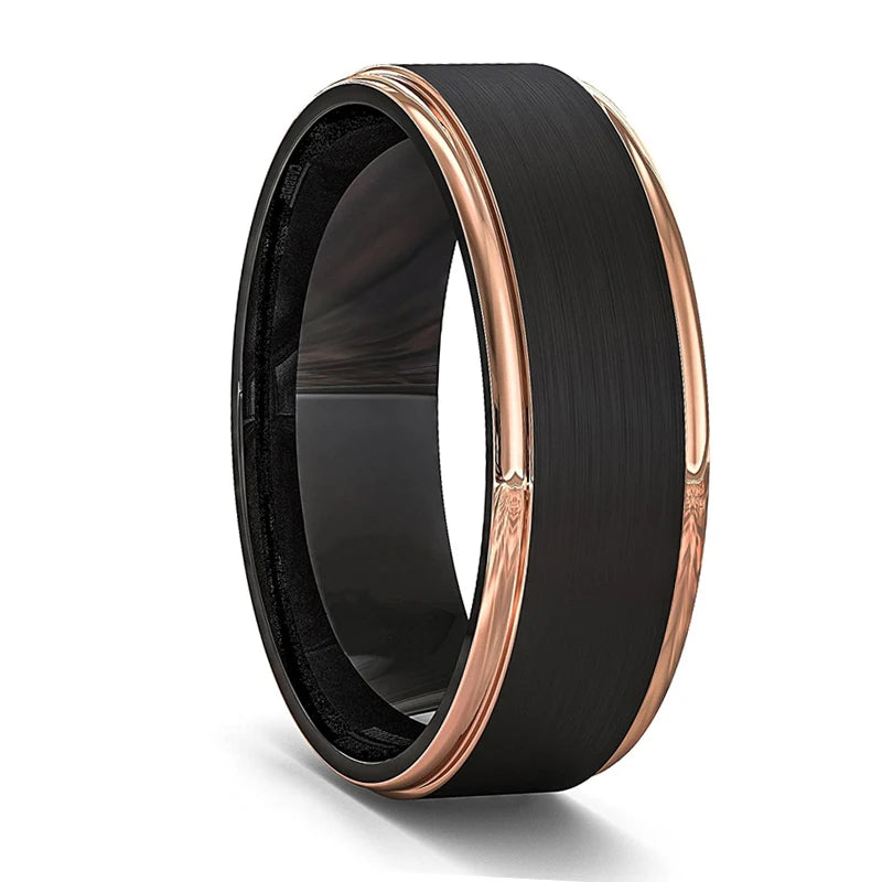 2023 Trendy Men's 8mm Black Titanium Wedding Band Rings Double Black Groove Beveled Edge Stainless Steel Engagement Ring For Men