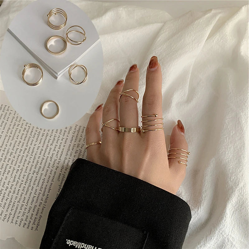 JWER 6Pcs/set Punk Finger Rings Minimalist Smooth black Geometric Metal Rings for Women Girls Party Jewelry Bijoux Femme