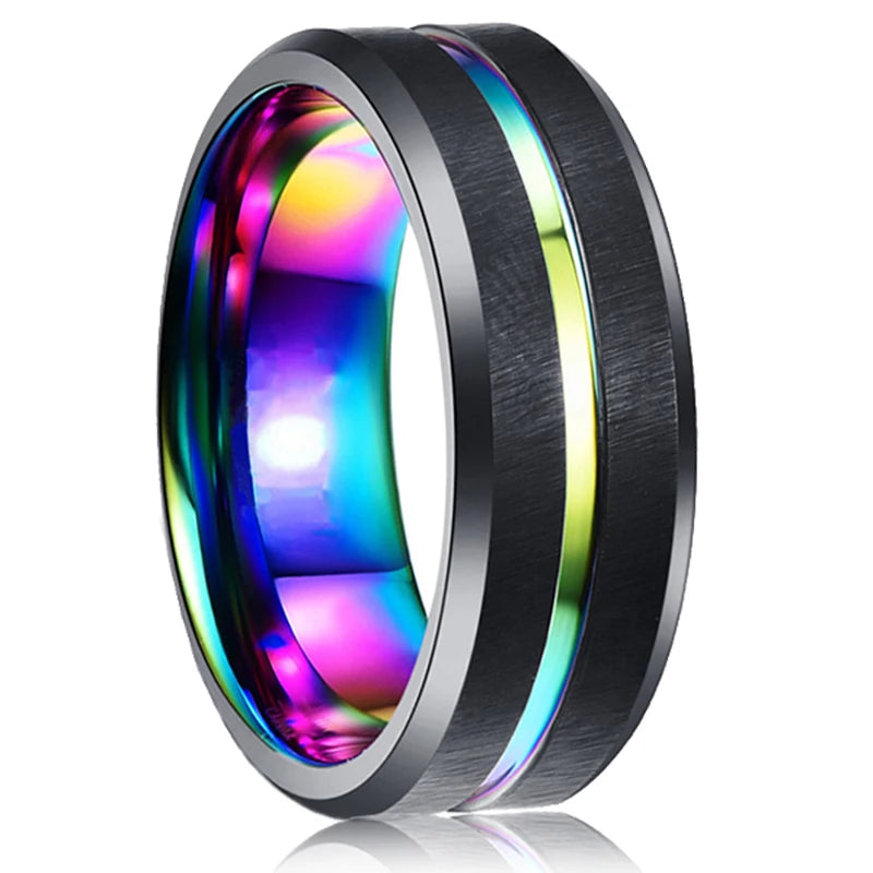 2023 Trendy Men's 8mm Black Titanium Wedding Band Rings Double Black Groove Beveled Edge Stainless Steel Engagement Ring For Men