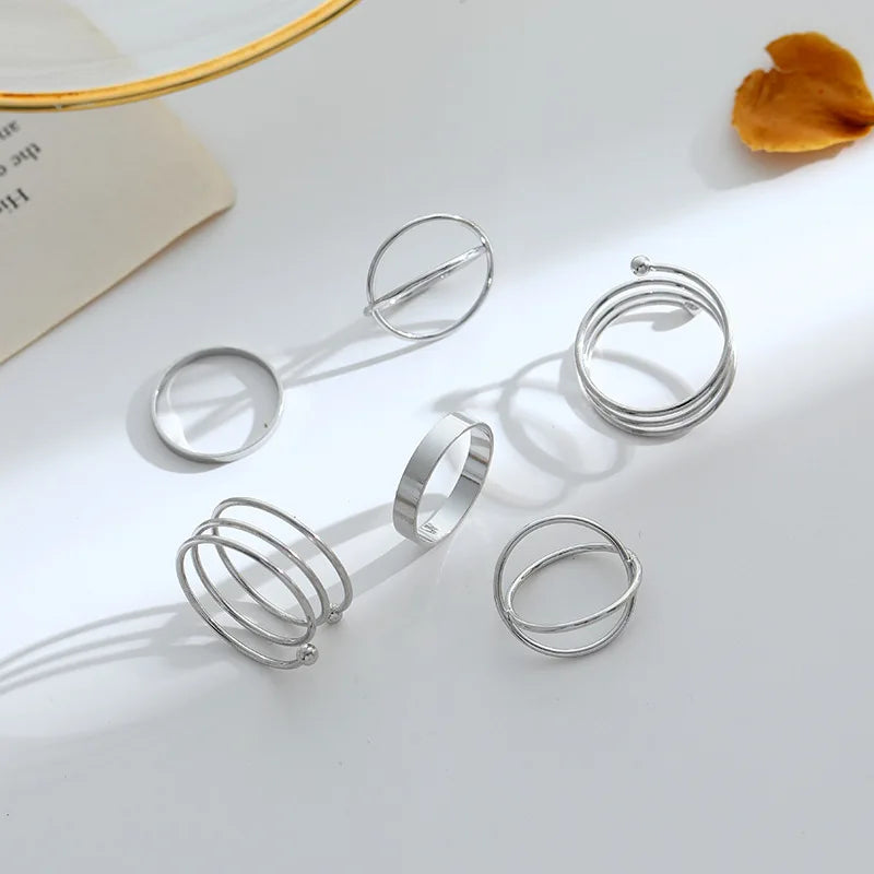 JWER 6Pcs/set Punk Finger Rings Minimalist Smooth black Geometric Metal Rings for Women Girls Party Jewelry Bijoux Femme