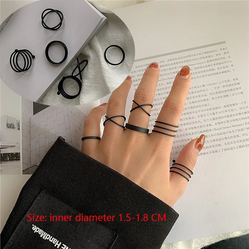 JWER 6Pcs/set Punk Finger Rings Minimalist Smooth black Geometric Metal Rings for Women Girls Party Jewelry Bijoux Femme