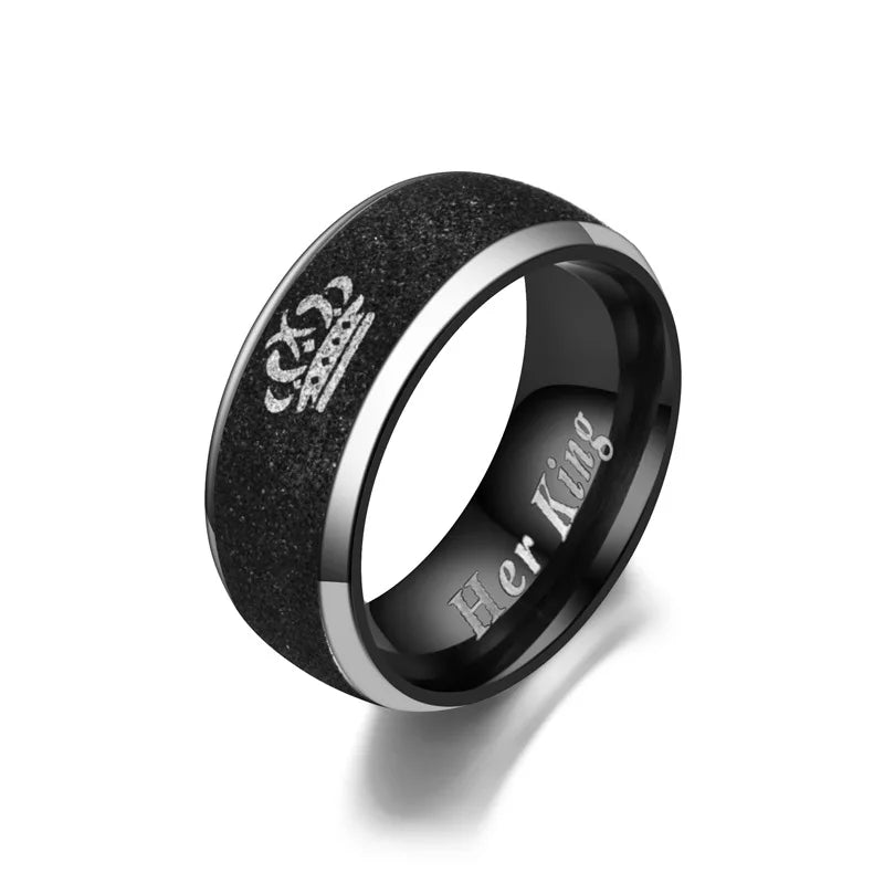 Her King and His Queen Letter Couple Rings For Women Men Crown Black 8MM Stainless Steel Matte Ring Lovers Wedding Jewelry