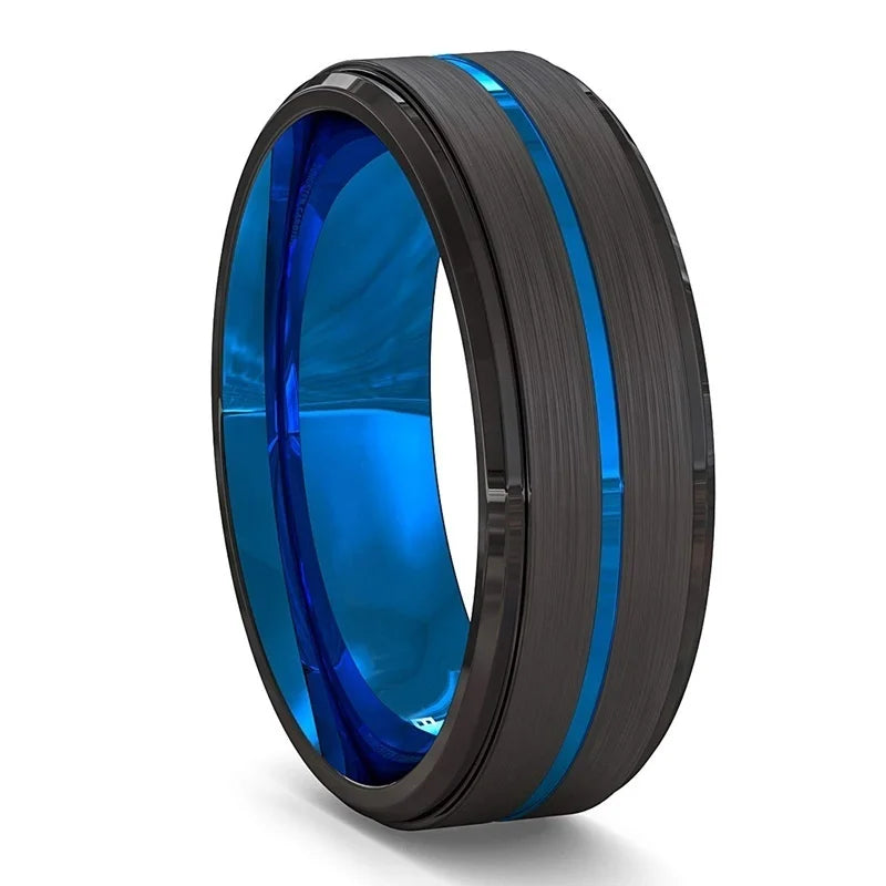 2023 Trendy Men's 8mm Black Titanium Wedding Band Rings Double Black Groove Beveled Edge Stainless Steel Engagement Ring For Men