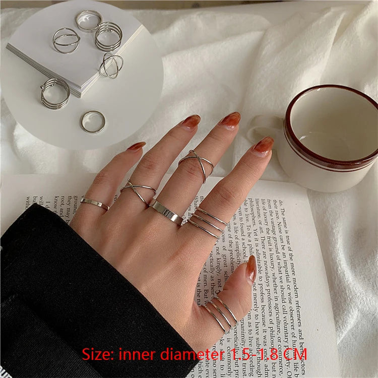 JWER 6Pcs/set Punk Finger Rings Minimalist Smooth black Geometric Metal Rings for Women Girls Party Jewelry Bijoux Femme