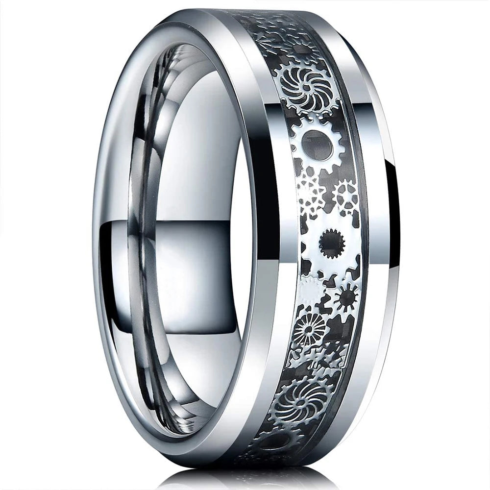 2023 Trendy Men's 8mm Black Titanium Wedding Band Rings Double Black Groove Beveled Edge Stainless Steel Engagement Ring For Men