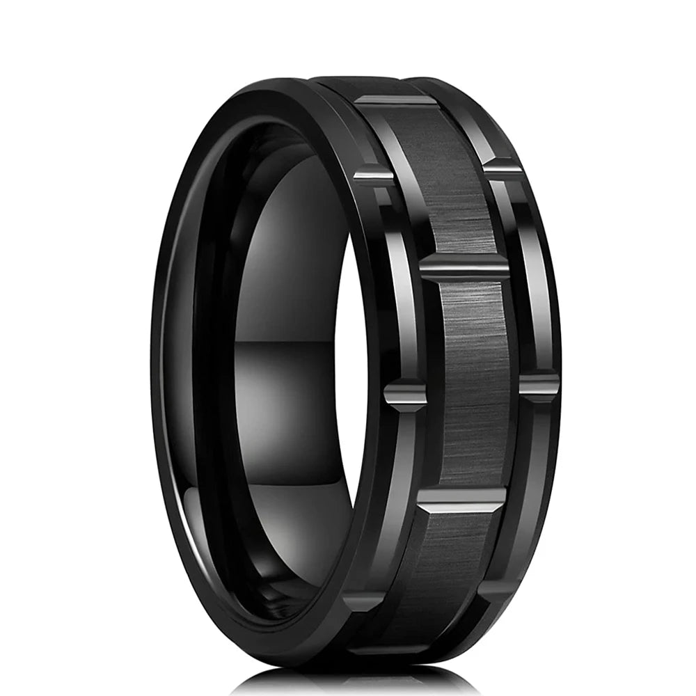 2023 Trendy Men's 8mm Black Titanium Wedding Band Rings Double Black Groove Beveled Edge Stainless Steel Engagement Ring For Men