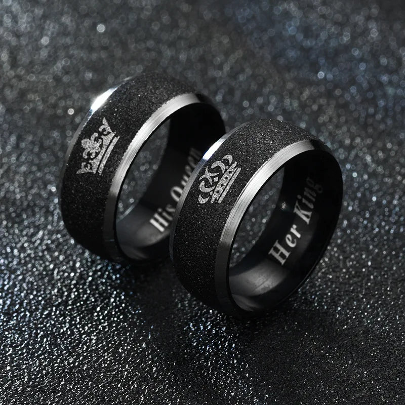 Her King and His Queen Letter Couple Rings For Women Men Crown Black 8MM Stainless Steel Matte Ring Lovers Wedding Jewelry