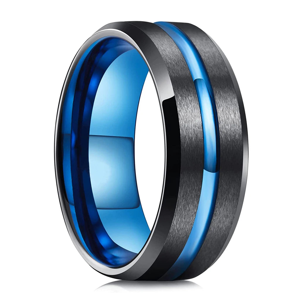 2023 Trendy Men's 8mm Black Titanium Wedding Band Rings Double Black Groove Beveled Edge Stainless Steel Engagement Ring For Men