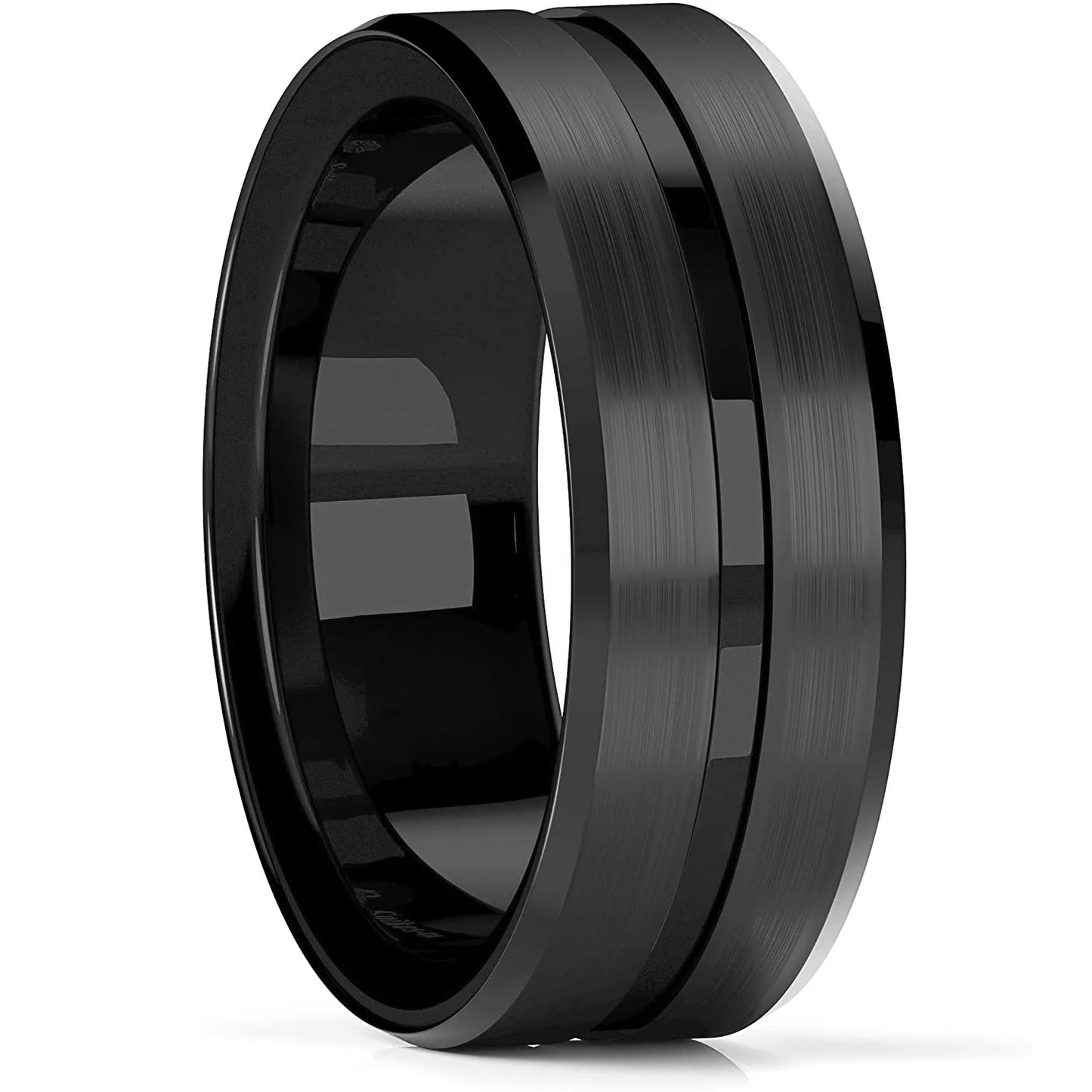 2023 Trendy Men's 8mm Black Titanium Wedding Band Rings Double Black Groove Beveled Edge Stainless Steel Engagement Ring For Men