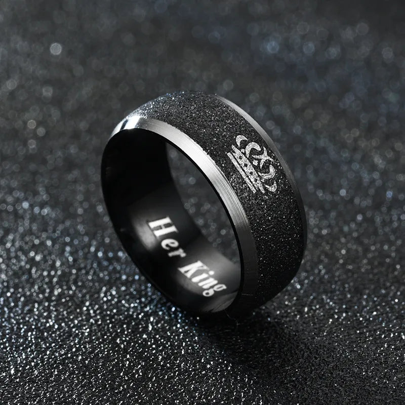 Her King and His Queen Letter Couple Rings For Women Men Crown Black 8MM Stainless Steel Matte Ring Lovers Wedding Jewelry