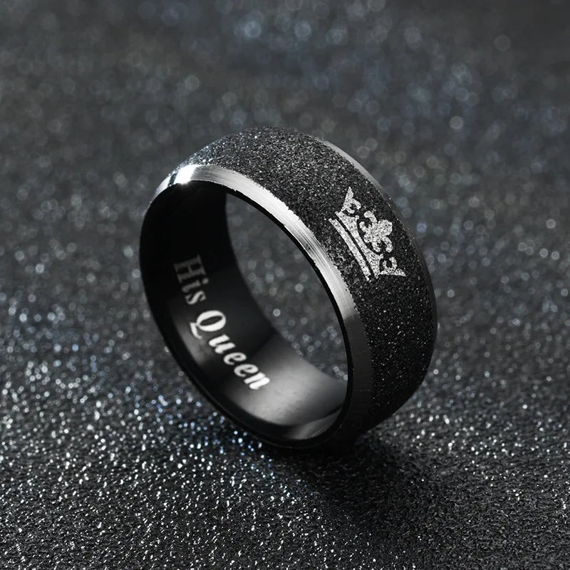 Her King and His Queen Letter Couple Rings For Women Men Crown Black 8MM Stainless Steel Matte Ring Lovers Wedding Jewelry
