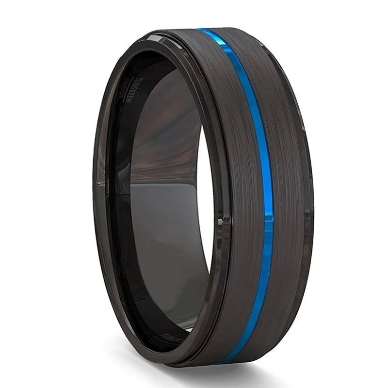 2023 Trendy Men's 8mm Black Titanium Wedding Band Rings Double Black Groove Beveled Edge Stainless Steel Engagement Ring For Men