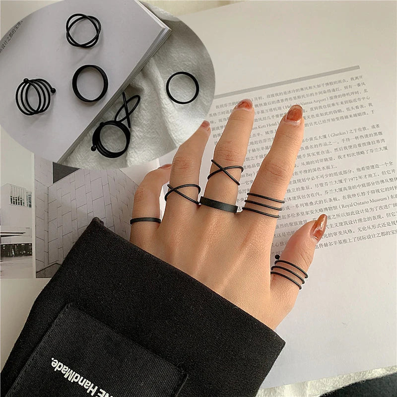 JWER 6Pcs/set Punk Finger Rings Minimalist Smooth black Geometric Metal Rings for Women Girls Party Jewelry Bijoux Femme