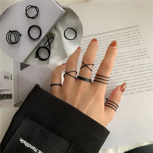 JWER 6Pcs/set Punk Finger Rings Minimalist Smooth black Geometric Metal Rings for Women Girls Party Jewelry Bijoux Femme
