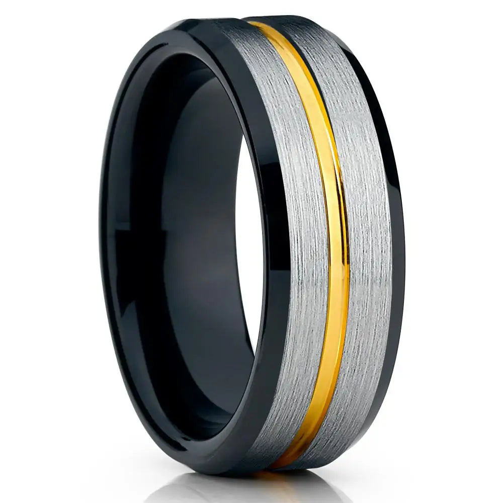 2023 Trendy Men's 8mm Black Titanium Wedding Band Rings Double Black Groove Beveled Edge Stainless Steel Engagement Ring For Men