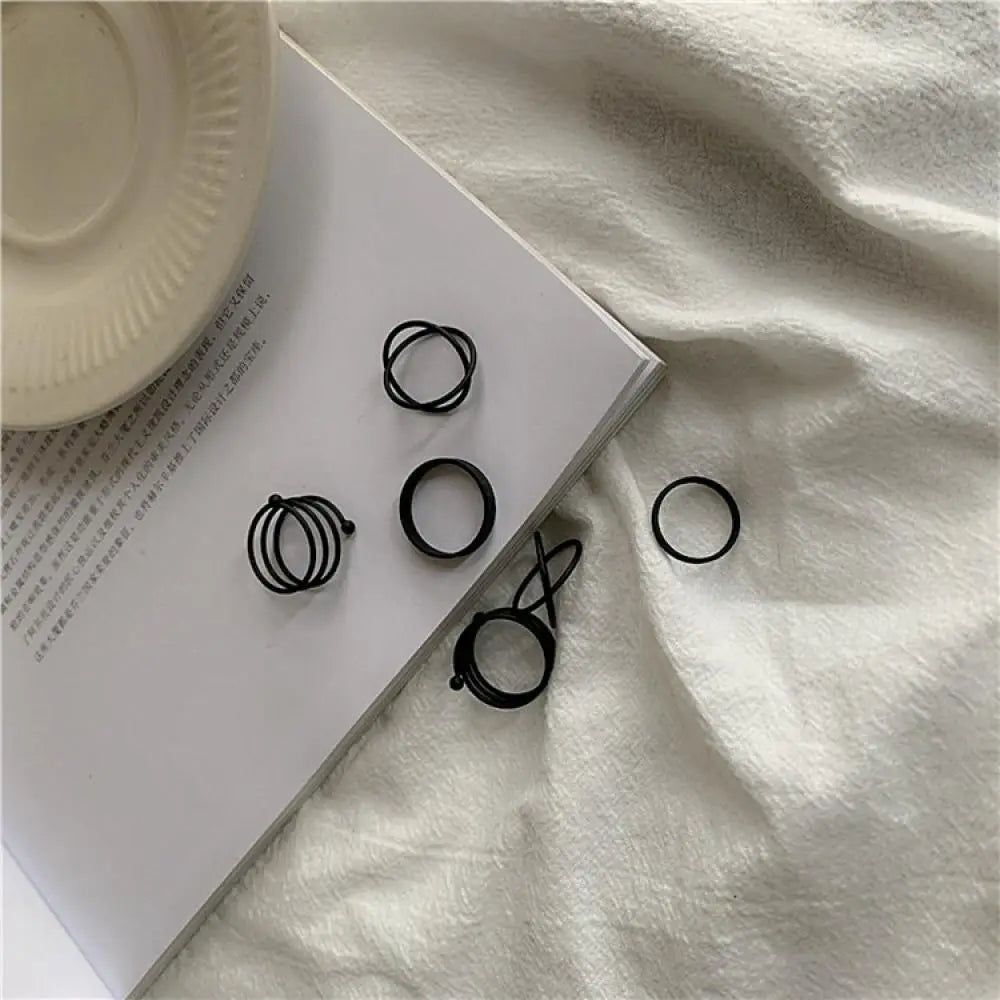 JWER 6Pcs/set Punk Finger Rings Minimalist Smooth black Geometric Metal Rings for Women Girls Party Jewelry Bijoux Femme