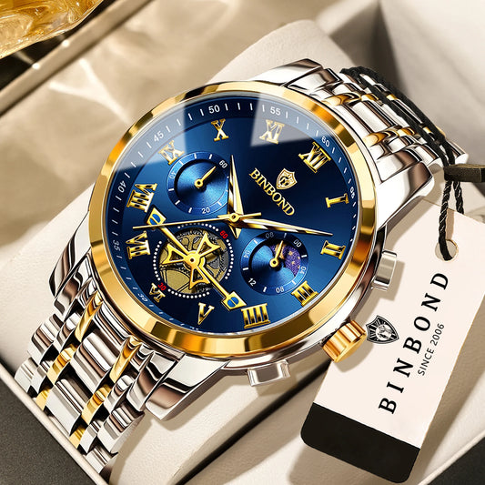 BINBOND Business Chronograph Men's Watch Accurate Quartz Watches For Men Luxury Luminous Waterproof Sports Watch Durable Reloj