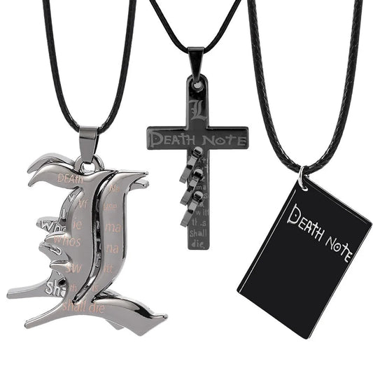 Anime Death Note L Logo Pendant Necklace Cross Black Rope Leather Choker Fashion Mystery Jewelry Accessory for Men Women