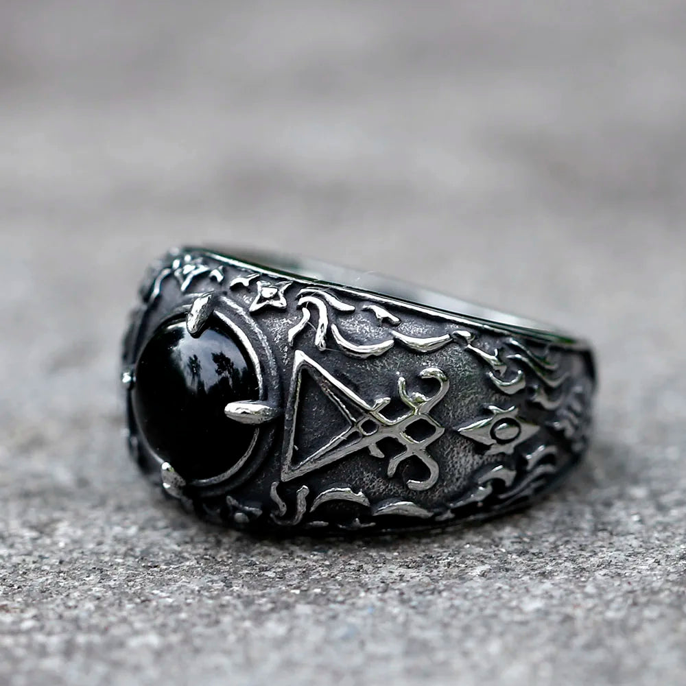 2023 New Updated Design Lucifer Satan Signet Ring For Men With Black Stone Stainless Steel Vintage Jewelry Gift free shipping