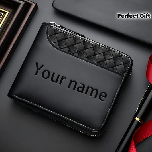 Personalized Luxury Faux Leather Wallet for Men Embossed Top, Smooth Black Faux Leather Body, Zip Closure, Multiple Card Slots