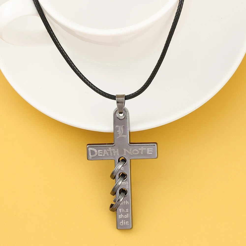 Anime Death Note L Logo Pendant Necklace Cross Black Rope Leather Choker Fashion Mystery Jewelry Accessory for Men Women