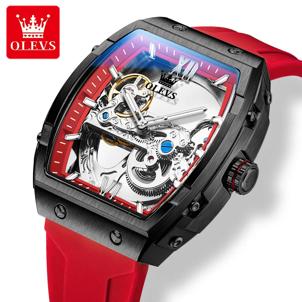 OLEVS Fashion Hollow Mechanical Watches For Men Business Silicone Band Men's Wristwatch Luminous Waterproof Automatic Watch Male