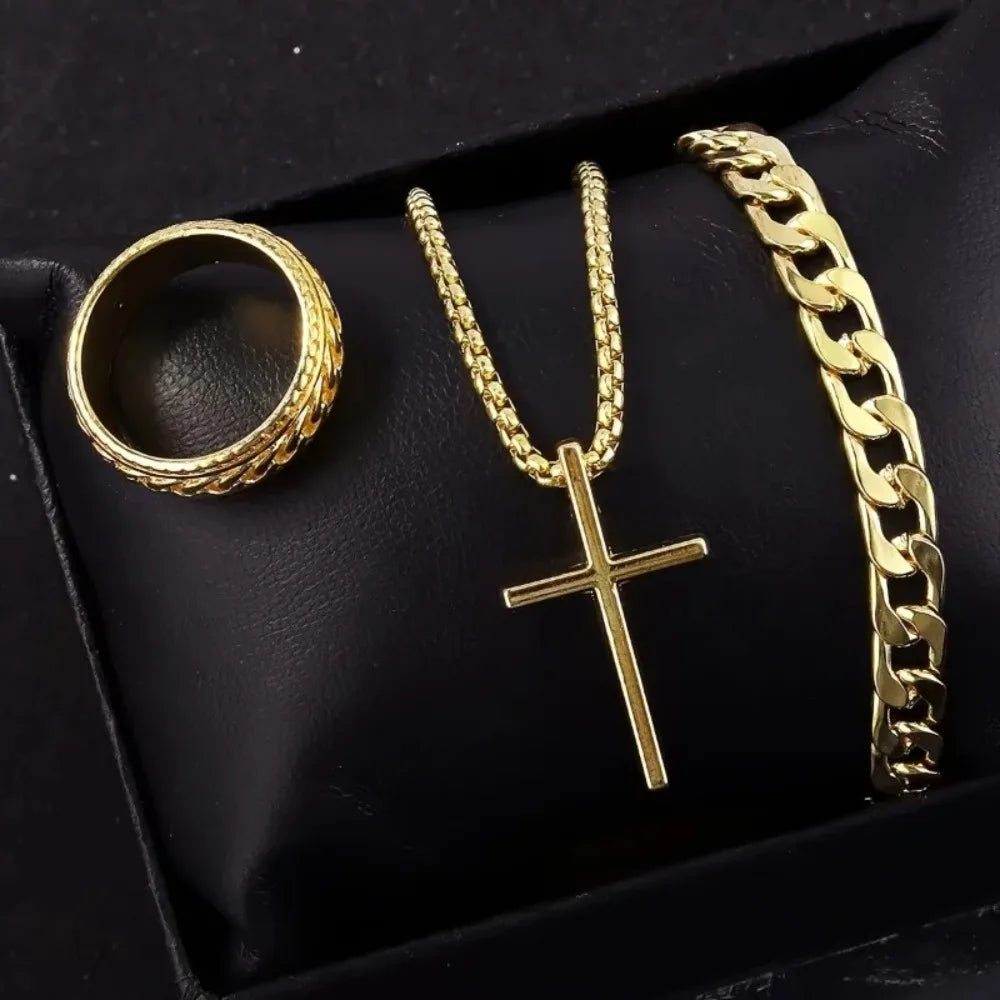 3pcs Set Men's Metal Cross Pendant Chain Necklace Bracelet Ring Jewelry Set Male Hip Hop Daily Wear Accessories