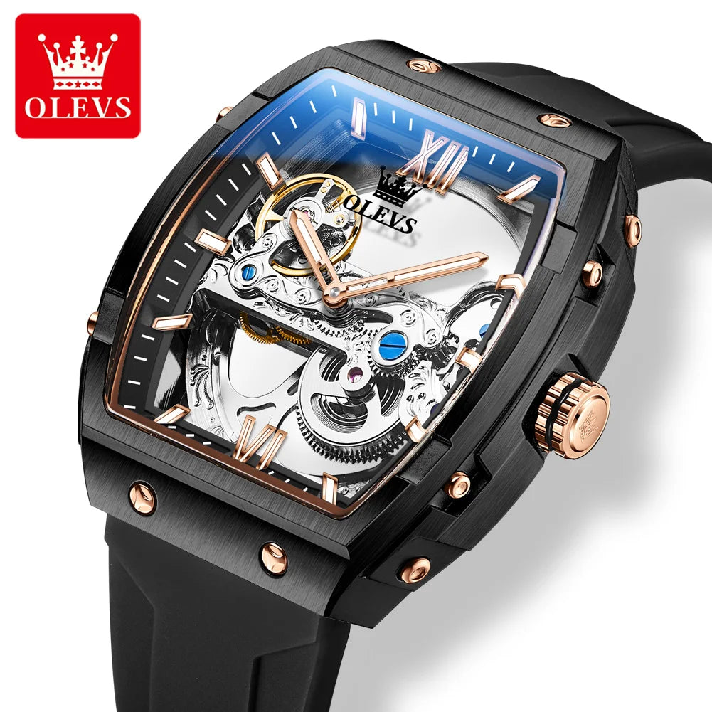 OLEVS Fashion Hollow Mechanical Watches For Men Business Silicone Band Men's Wristwatch Luminous Waterproof Automatic Watch Male
