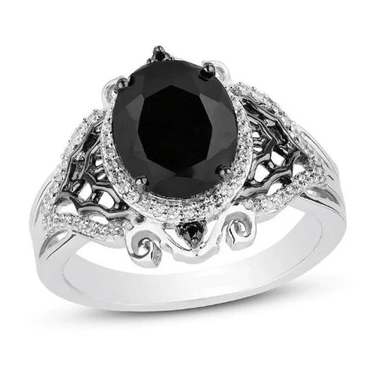 Luxury Female Big Oval Finger Ring Fashion Silver Color Engagement Rings For Women Vintage Black Stone Wedding Ring Jewelry
