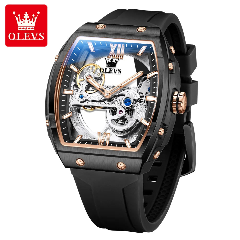 OLEVS Fashion Hollow Mechanical Watches For Men Business Silicone Band Men's Wristwatch Luminous Waterproof Automatic Watch Male