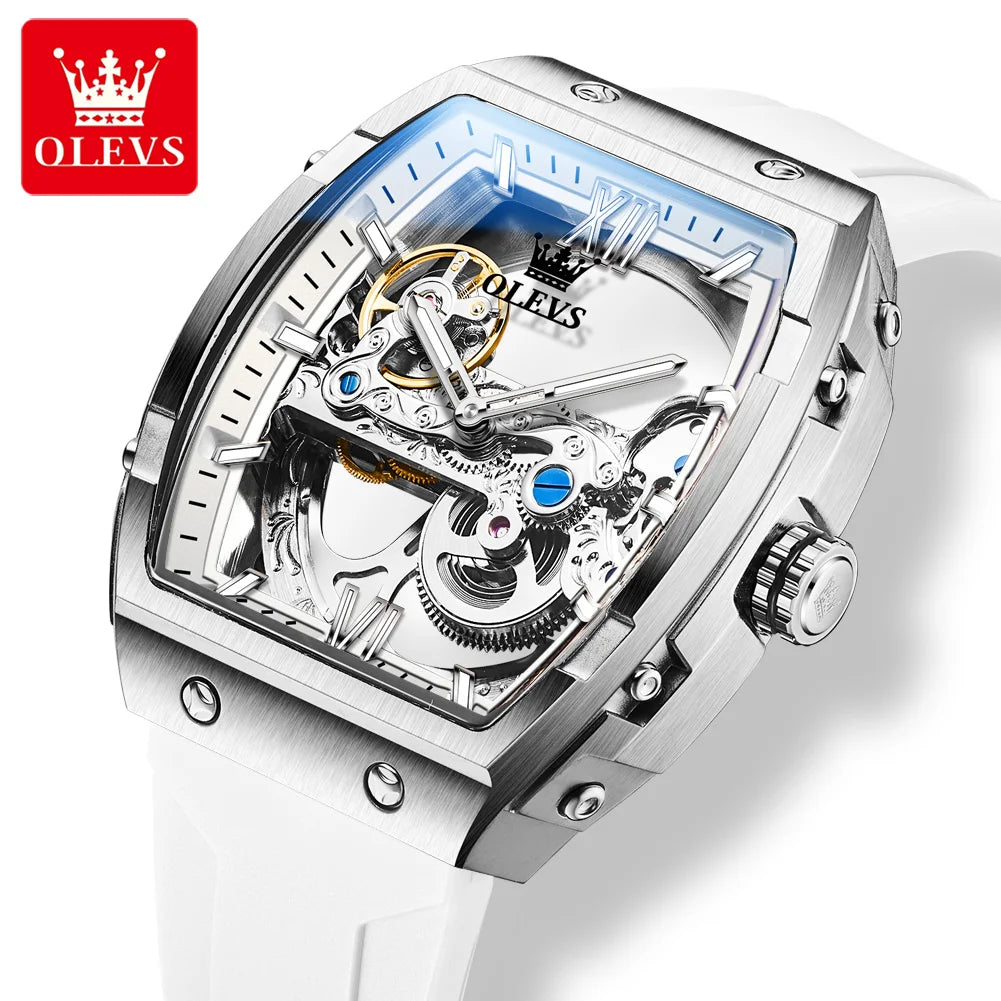 OLEVS Fashion Hollow Mechanical Watches For Men Business Silicone Band Men's Wristwatch Luminous Waterproof Automatic Watch Male