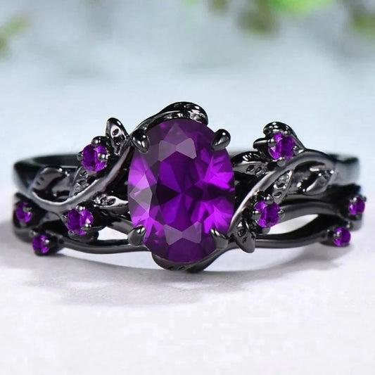 2Pcs/Set Fashion Black Gold Color Purple Rhinestone Zircon Rings For Women Full Crystal Rings Wedding Engagement Jewelry Gifts