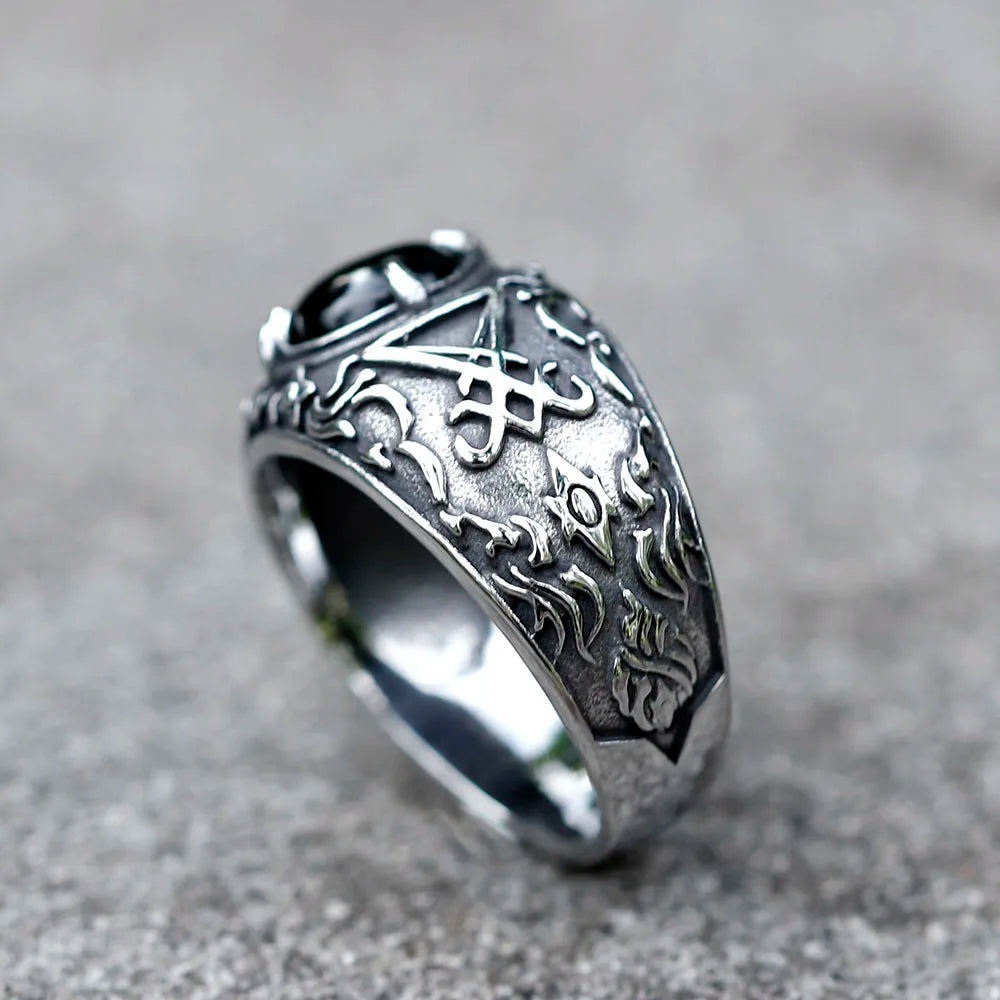 2023 New Updated Design Lucifer Satan Signet Ring For Men With Black Stone Stainless Steel Vintage Jewelry Gift free shipping