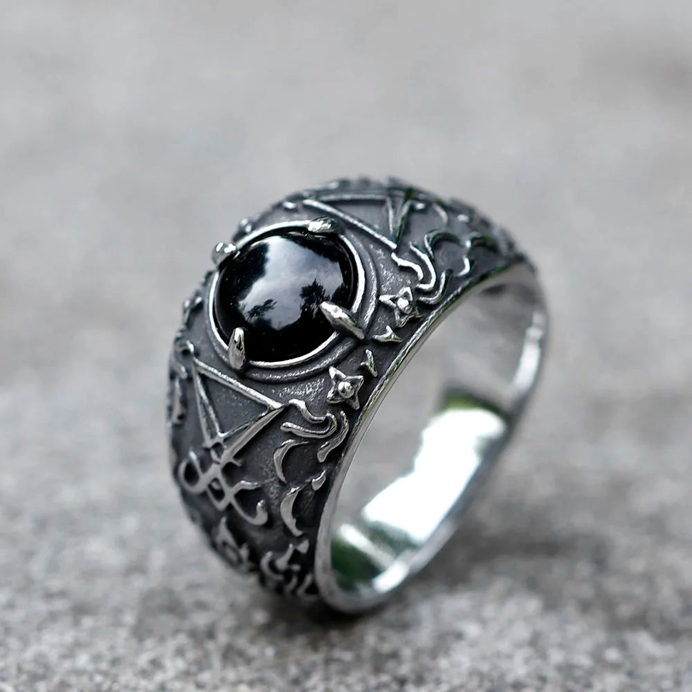 2023 New Updated Design Lucifer Satan Signet Ring For Men With Black Stone Stainless Steel Vintage Jewelry Gift free shipping
