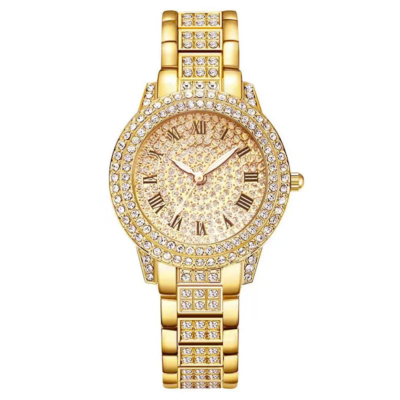 Fashion Luxury Full Crystal 5 Pcs Watch  Necklace Earrings  Ring  Set for Women Rhinestone  Wristwatch Female Bracelet Set Gift