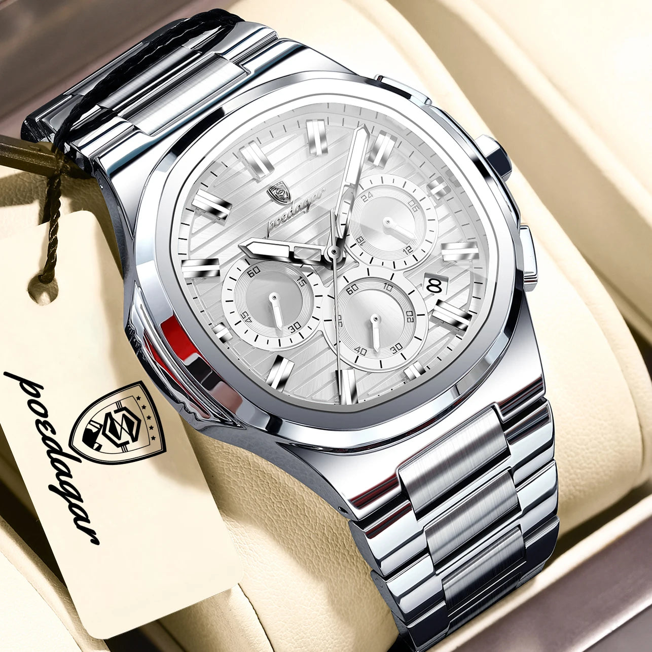 POEDAGAR Top Luxury Man Watch Waterproof Stainless Steel Luminous Men Clock Date Chronograph Quartz Business Men's Watches Reloj