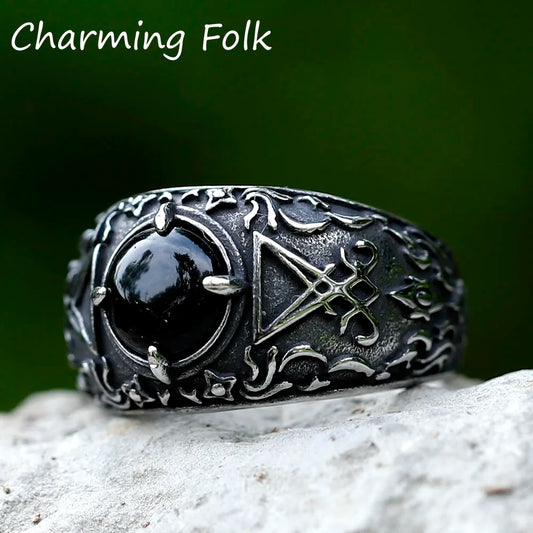 2023 New Updated Design Lucifer Satan Signet Ring For Men With Black Stone Stainless Steel Vintage Jewelry Gift free shipping