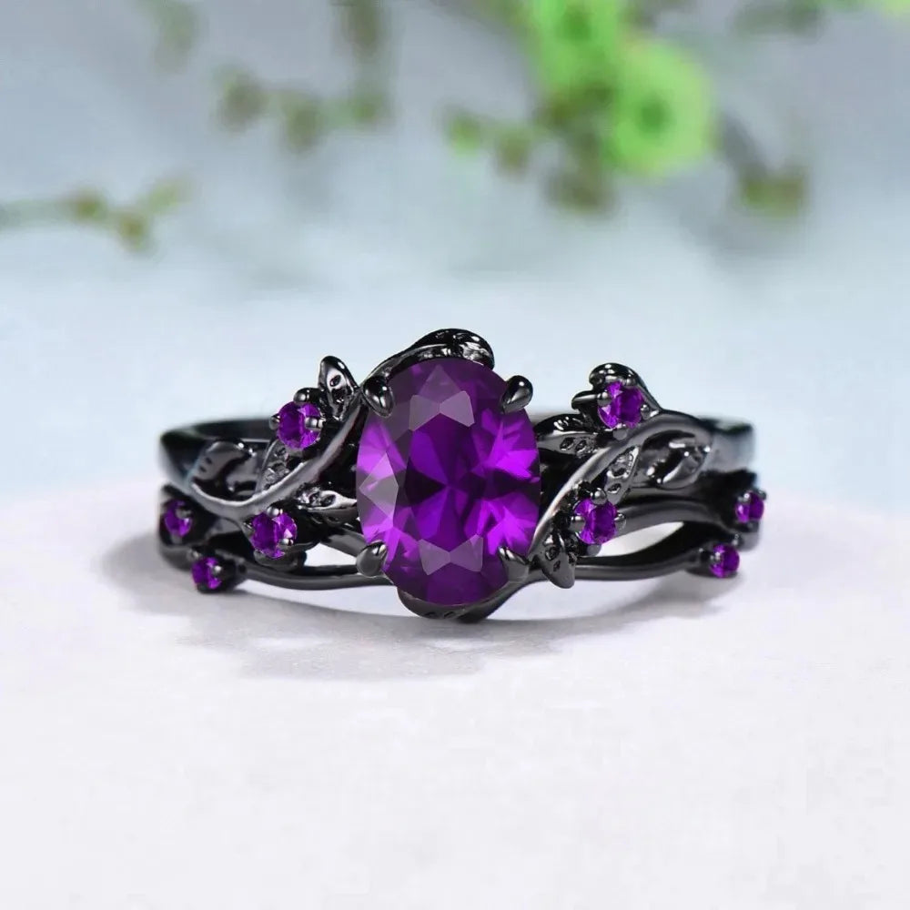 2Pcs/Set Fashion Black Gold Color Purple Rhinestone Zircon Rings For Women Full Crystal Rings Wedding Engagement Jewelry Gifts