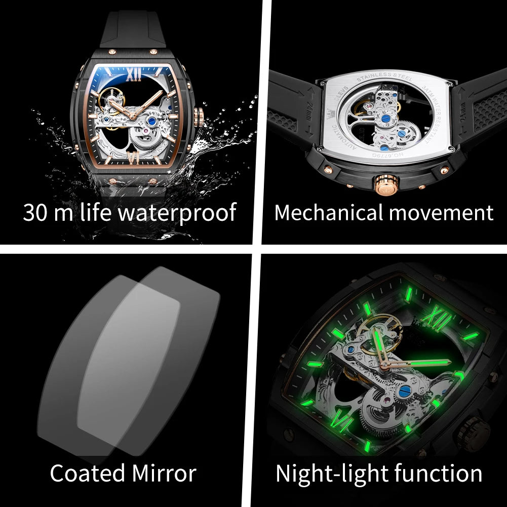 OLEVS Fashion Hollow Mechanical Watches For Men Business Silicone Band Men's Wristwatch Luminous Waterproof Automatic Watch Male