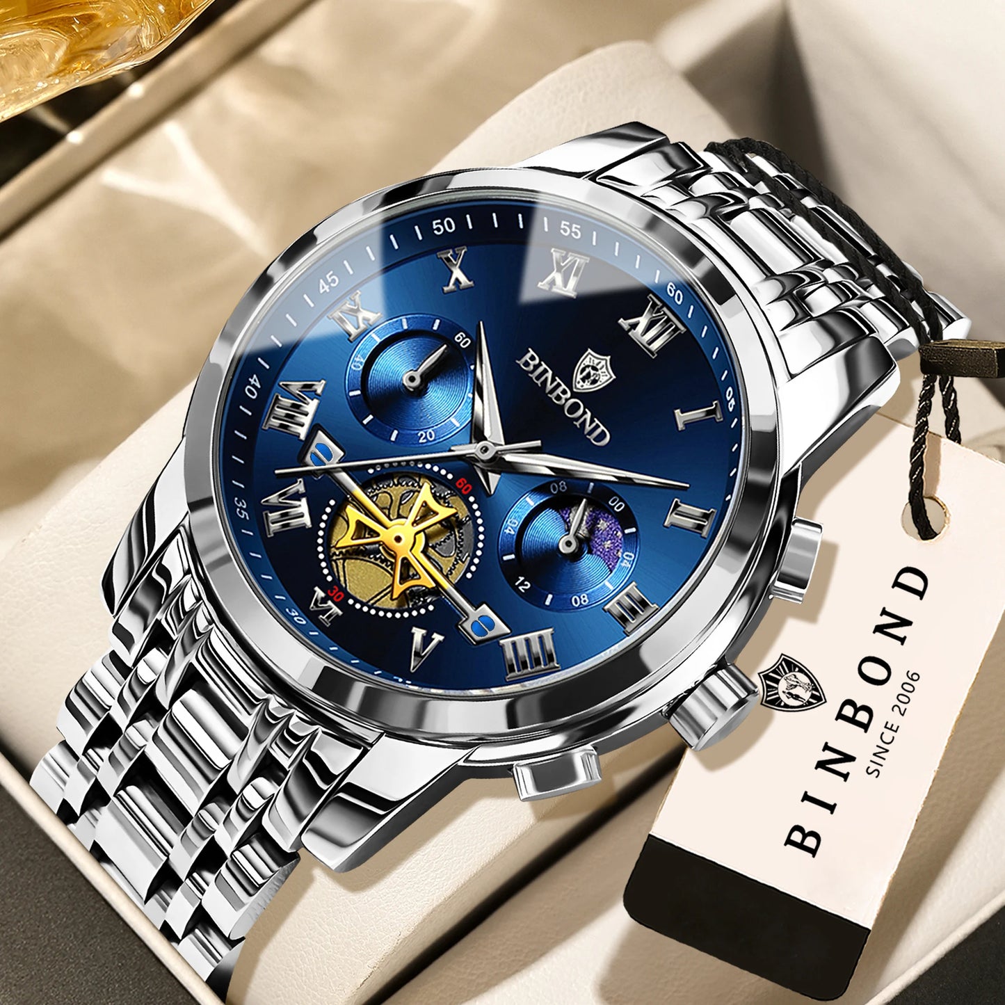 BINBOND Business Chronograph Men's Watch Accurate Quartz Watches For Men Luxury Luminous Waterproof Sports Watch Durable Reloj