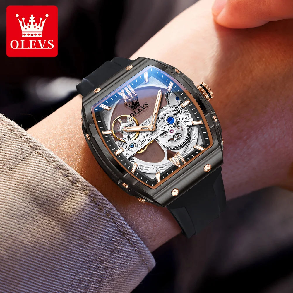 OLEVS Fashion Hollow Mechanical Watches For Men Business Silicone Band Men's Wristwatch Luminous Waterproof Automatic Watch Male