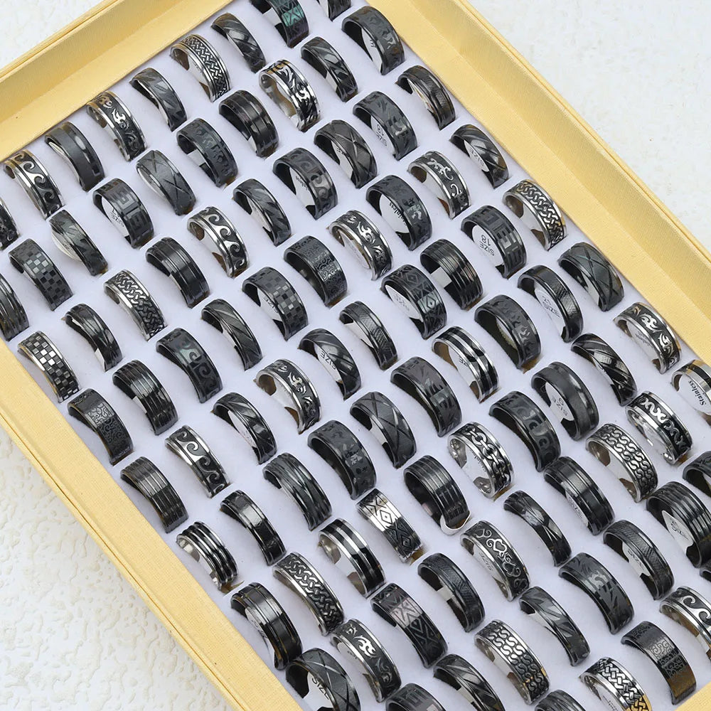 24Pcs/Lot Classic Stainless Steel Rings For Women Men Mix Style Fashion Black Drop Oil Jewelry Party Gifts