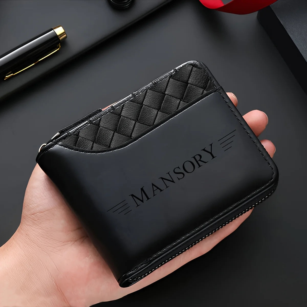 Personalized Luxury Faux Leather Wallet for Men Embossed Top, Smooth Black Faux Leather Body, Zip Closure, Multiple Card Slots