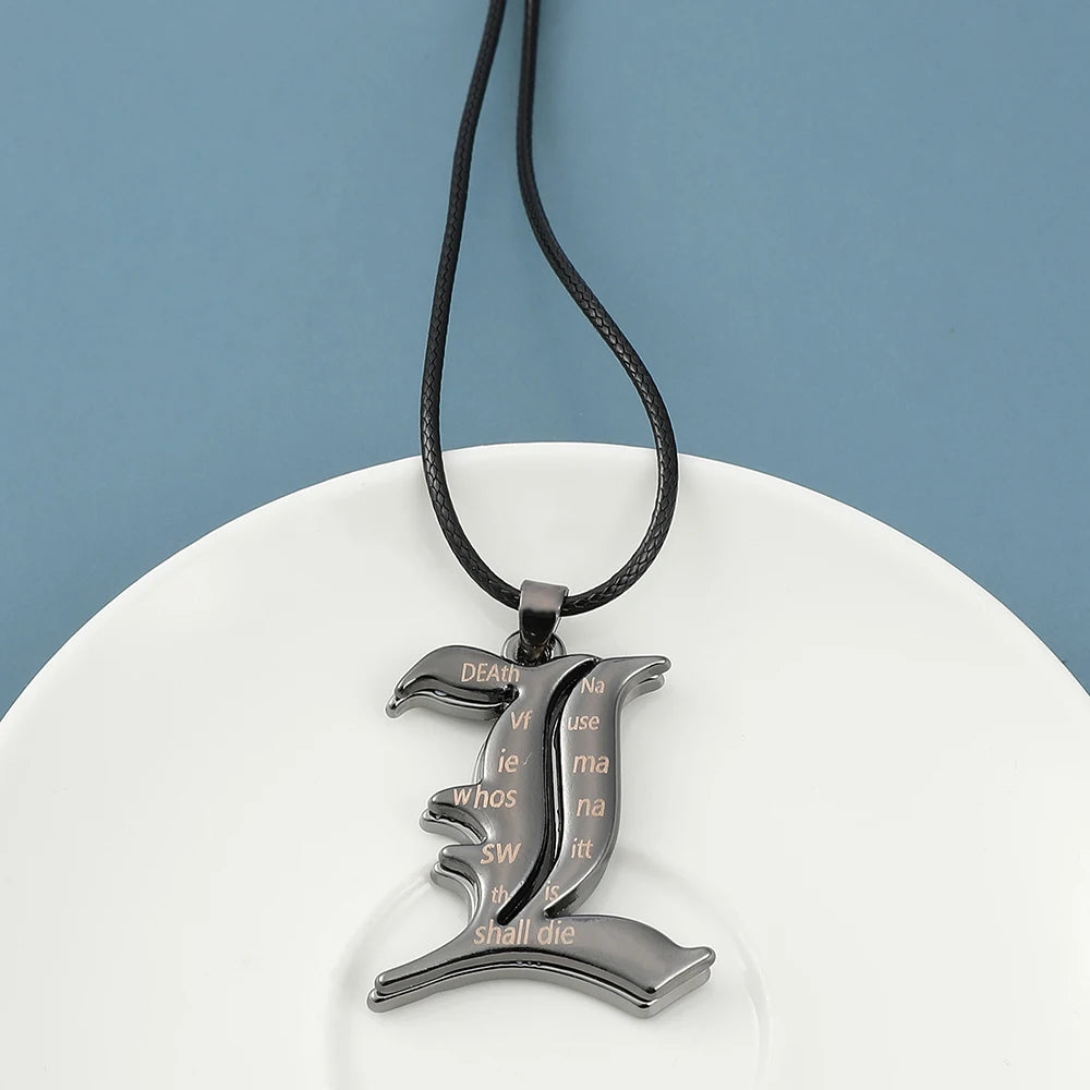 Anime Death Note L Logo Pendant Necklace Cross Black Rope Leather Choker Fashion Mystery Jewelry Accessory for Men Women
