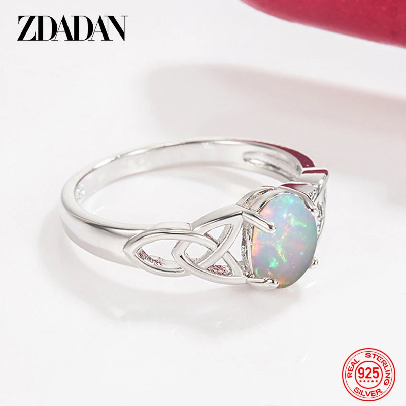 ZDADAN 925 Sterling Silver Oval Opal Ring For Women Girls Fashion Jewelry
