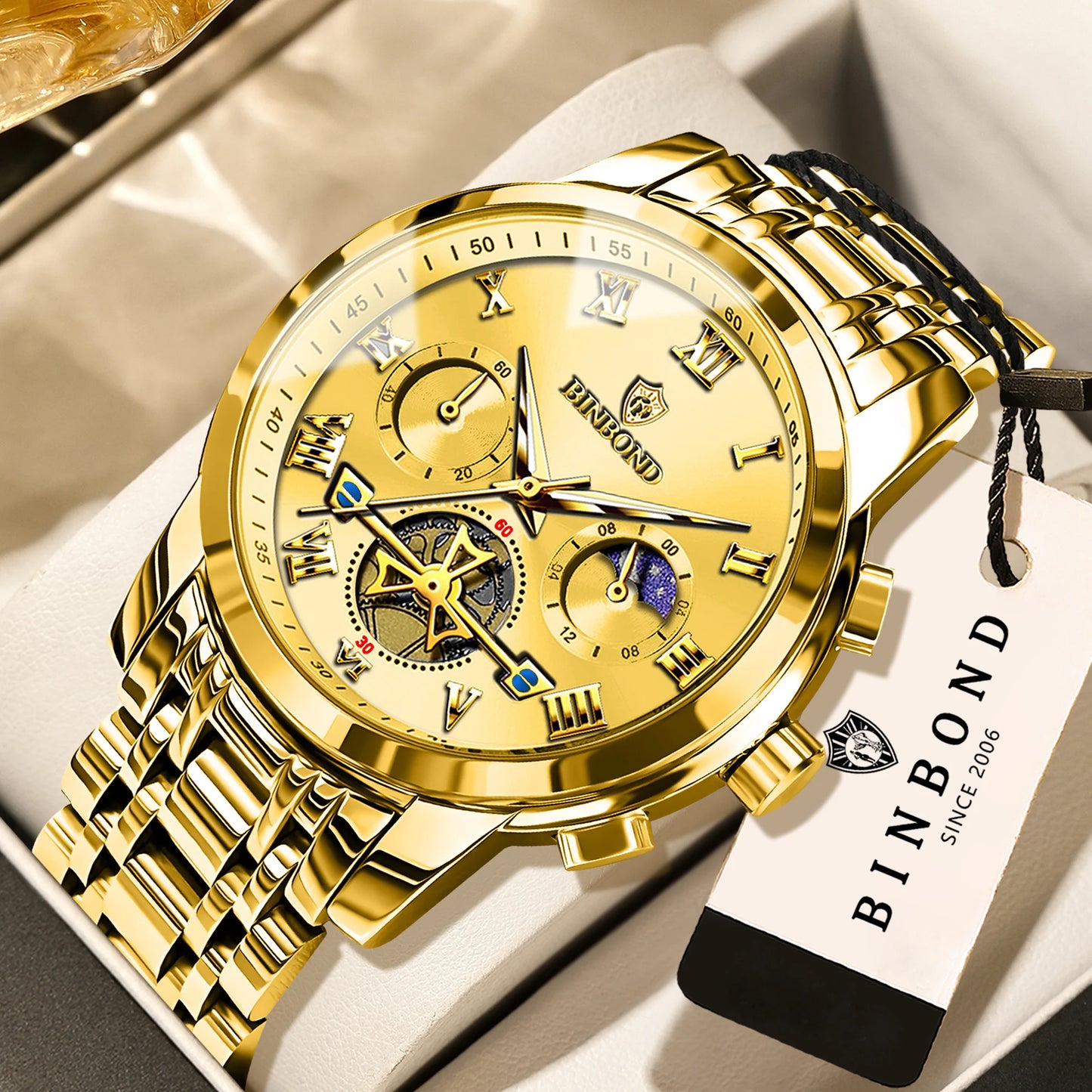 BINBOND Business Chronograph Men's Watch Accurate Quartz Watches For Men Luxury Luminous Waterproof Sports Watch Durable Reloj