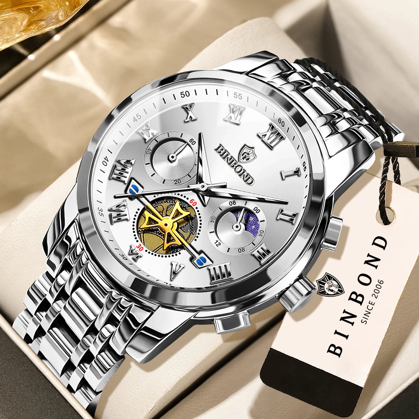 BINBOND Business Chronograph Men's Watch Accurate Quartz Watches For Men Luxury Luminous Waterproof Sports Watch Durable Reloj