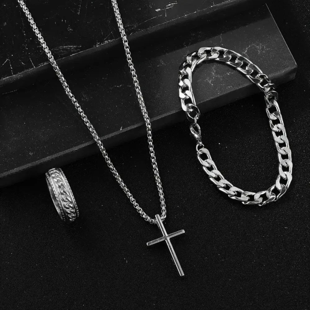 3pcs Set Men's Metal Cross Pendant Chain Necklace Bracelet Ring Jewelry Set Male Hip Hop Daily Wear Accessories