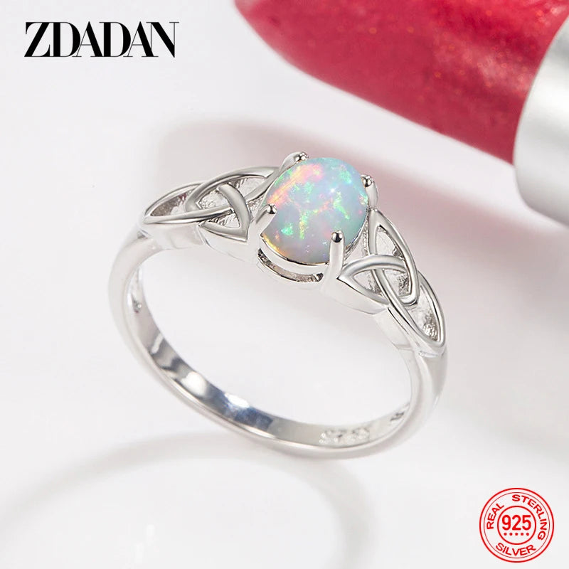 ZDADAN 925 Sterling Silver Oval Opal Ring For Women Girls Fashion Jewelry