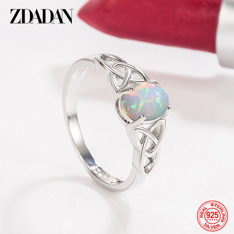 ZDADAN 925 Sterling Silver Oval Opal Ring For Women Girls Fashion Jewelry